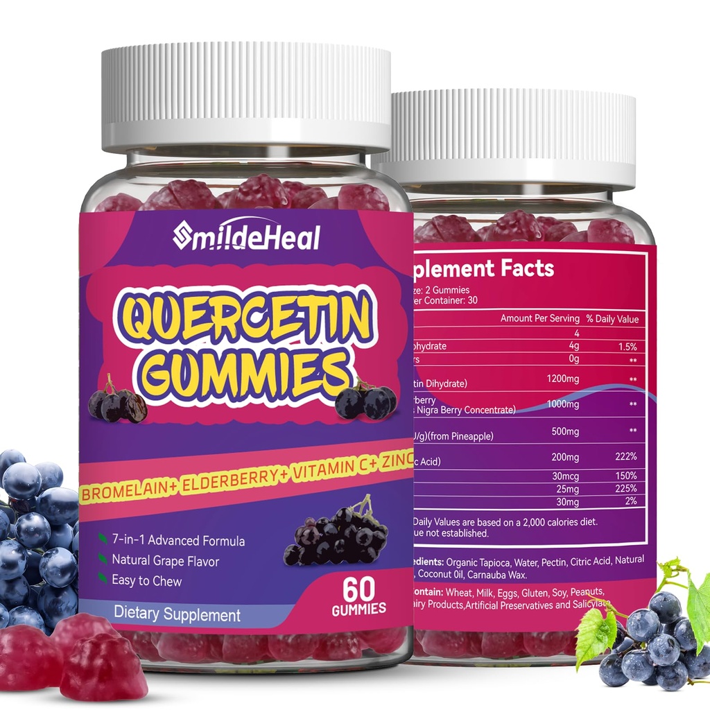 2 balenia Quercetin Gummies 1200MG, Quercetin Gummies s hypromelínom, zinok vitamín C, imunitný systém Vegan Gummy pre dospelých a deti, 120 Vegan