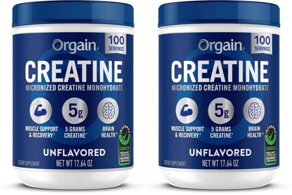 Orgain Creatin Monohydrate Mikronizovaný prášok,100 Servisov,nechutných,Podporuje rast svalovej hmoty, zotavenie po tréningu a zdravie mozgu,Žiadne umelé prísady,pre mužov a ženy,Vegan,(Stock of 2)