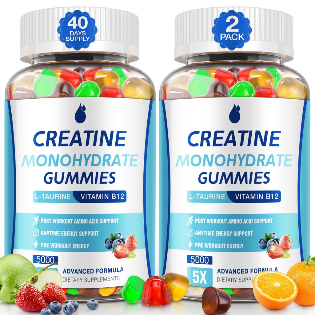Kreatín Gummy pre mužov a ženy - Monohydrát kreatínu Gummy 5g, Svalový Builder, Energetické Boost a predpráce doplnok, Nízky cukor Taurín Žuvacie Gummy 2 balenie