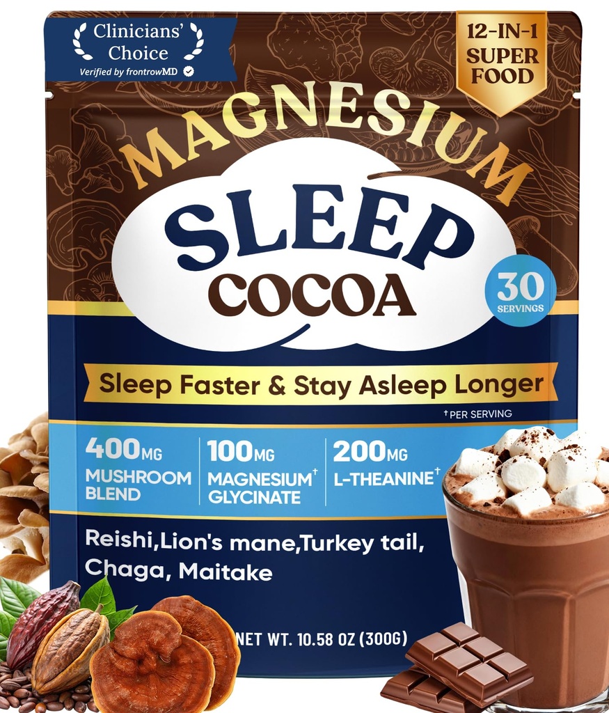 Mushroom Hot Cocoa Powder with Magnesium Glycinate, Natural Sleep Aid with Reishi & L-Theanine for Adults, 12 Superfoods, Melatonin 3mg, Unsweetened Hot Chocolate Drink Mix for Sleep, 30 Servings