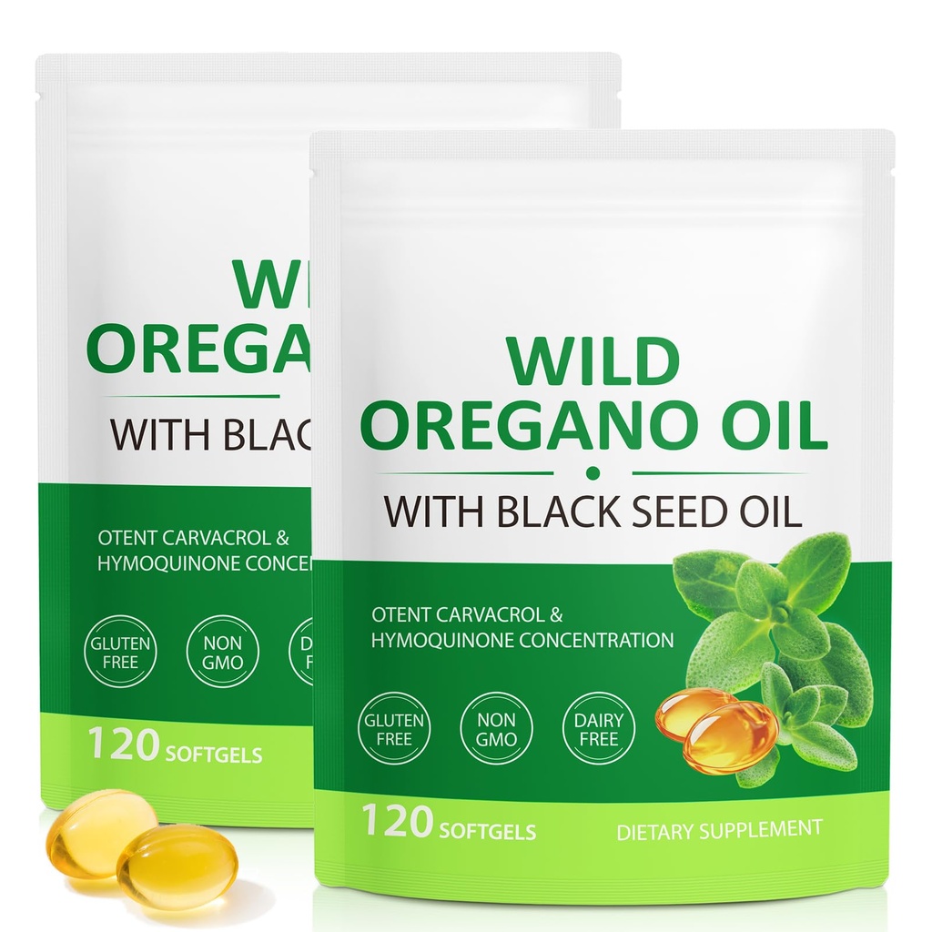 Olej Oregano Softgels 6000mg, 2 v 1 Formulované s čiernym semenom olej 200mg, Immune Support, Oregano Oil Capsulses Organic, Natural Defense Supplement, Non-GMO, Easy to Swallow, 240 Softgels