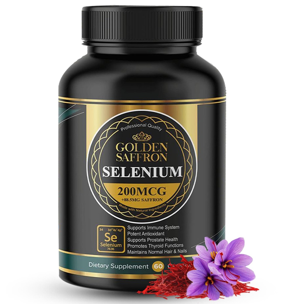 Golden Saffron Selenium (200mcg Selenium & 88,5 mg Saffron Extract) - na podporu celkového zdravia, non-GMO, Gluten Free, Dairy Free, s unikátnym a Advanced Formula 