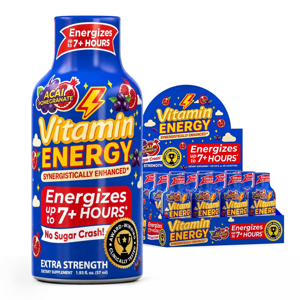 Vitamín Energy B12 11,000% Extra sila Energia Shot Açaí Pomegranate 12 Balenie, 260mg Prírodný kofeín, B12 & B6, Nootropic Focus, Vitality, Zero Sugar, Gluten-free, Vegan, Kosher, 1,93 fl oz
