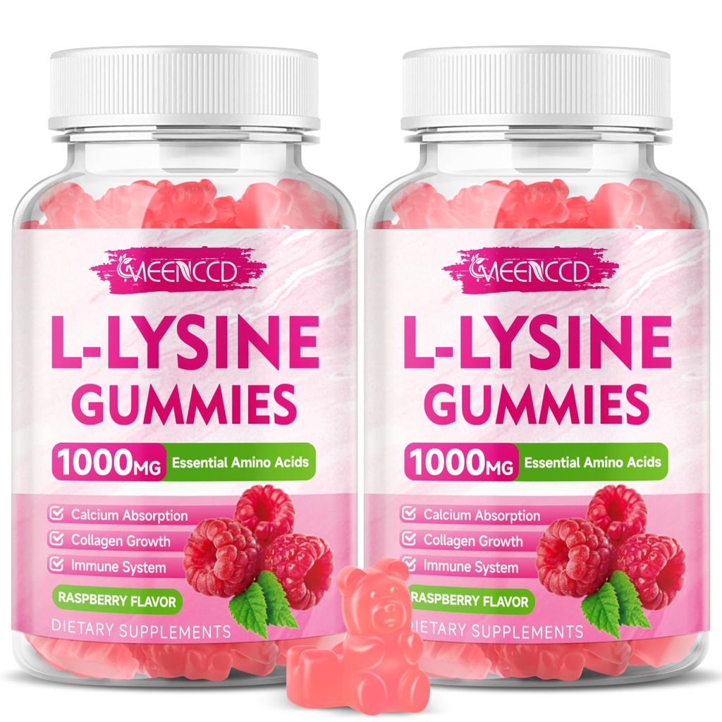 2 balenie L-lyzín 1000 mg Gummy, Lyzínové doplnky pre dospelých a deti, esenciálna aminokyselina pre pery a perorálne zdravie, zvýšená imunita a kolagén a vápnik, bez cukru, malinová aróma, 120 počet