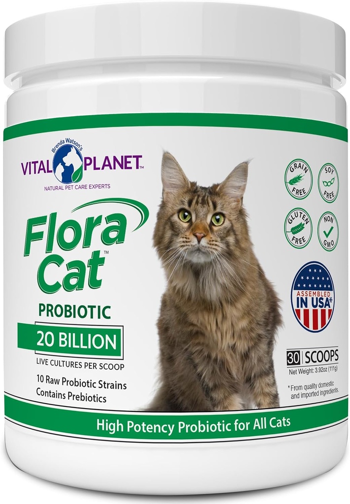 Vital Planéta - Flora Cat Probiotický prášok doplnok s 20 Miliarda kultúry a 10 rôzne kmene Vysoká potencia Probiotiká pre všetky mačky pre Feline Digestive a imunitnej podpory 30 Scoops 3.92 oz