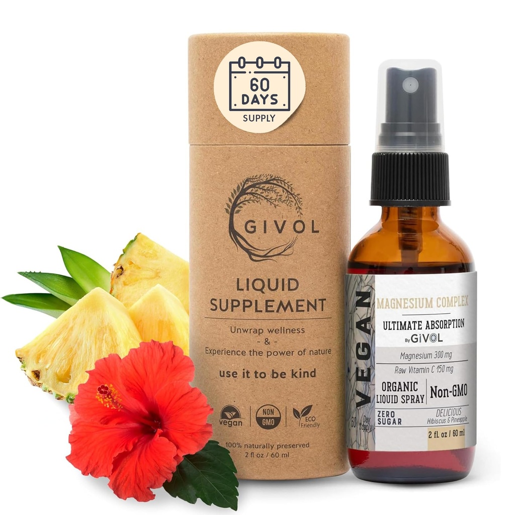 Tri Magnézium Complex - Magnézium-biglycinát, Citrát-taurát Tekutý sprej 300mg w/raw Vitamín C na podporu pokoja, telo Dekompresia - Hibiscus & Ananás Flavor 60ml (2oz)