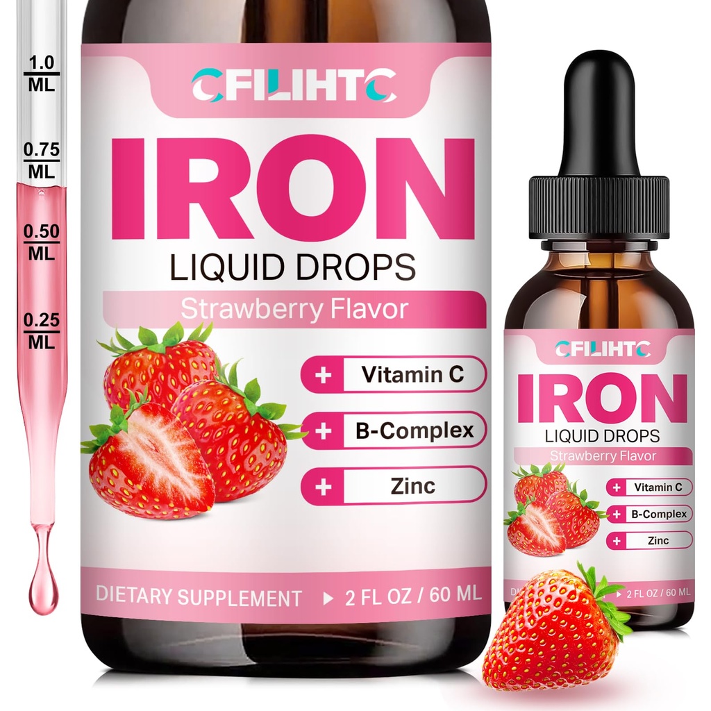 Tekuté železité doplnky pre ženy Muži a deti Multivitamínové železité kvapky s folátom, vitamín C, B6, B12, Zinok pre anémiu, Nedostatok železa, Blood Builder, Energia - Prírodné jahodovej chuti, Vegan 2 Fl Oz