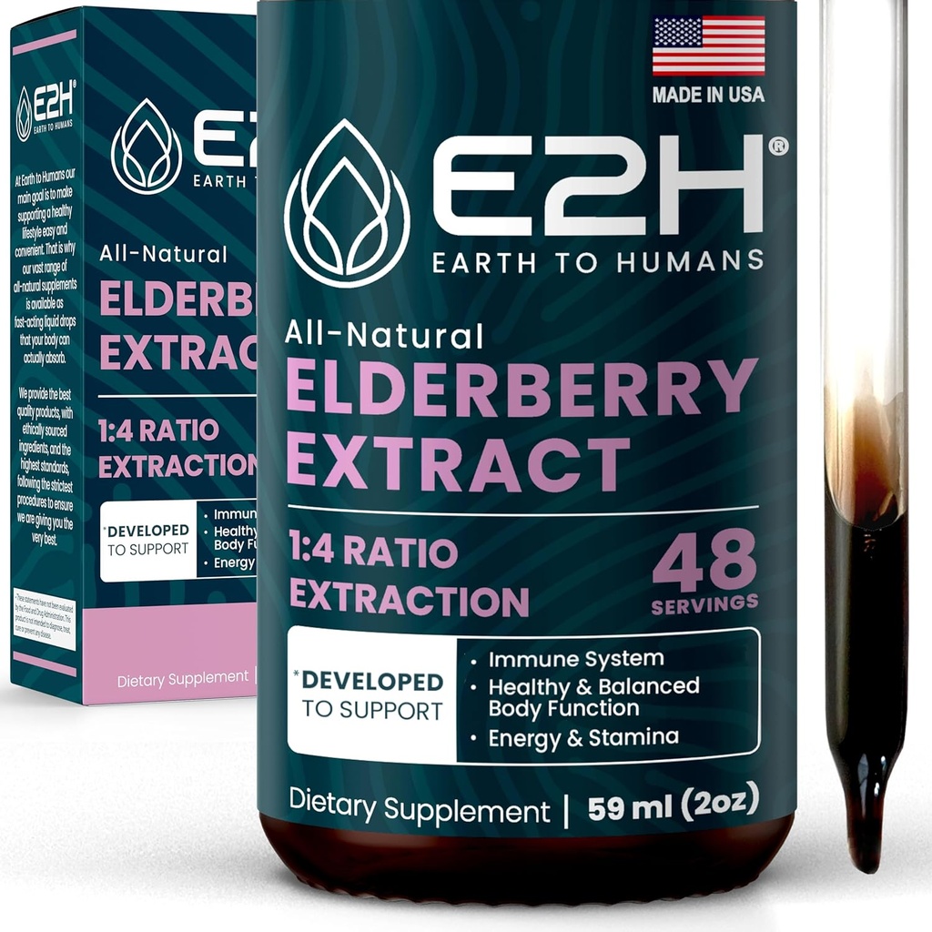 E2H Elderberry Sirup - Powerfull Antioxidants Supplement from Organic Elderberries Extract - Sambucus Elderberry Sirup for Kids & Adults for Immune Support - Non-GMO, Vegan - 2 Fl Oz