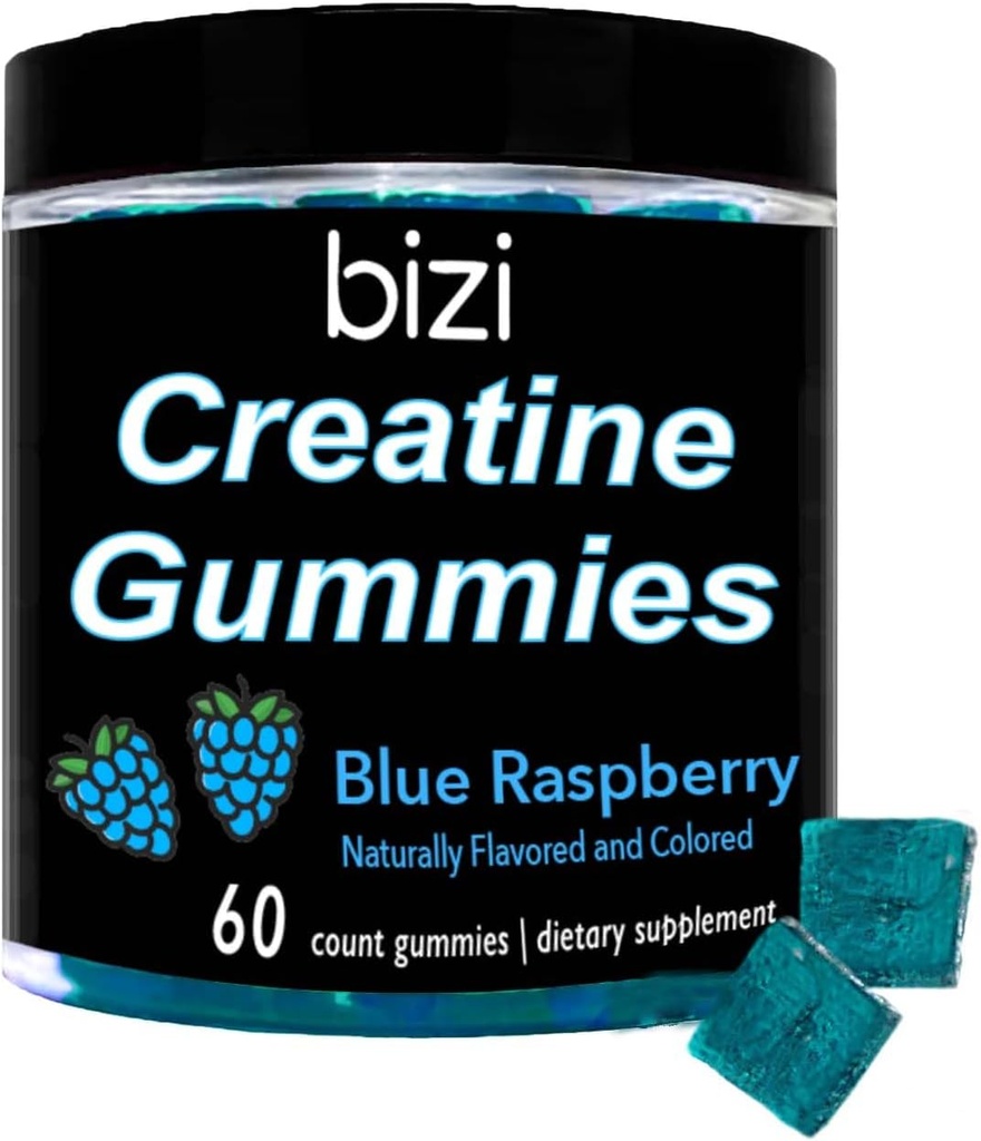 Bizi Creatin Gummy pre mužov a ženy - 1g kreatín monohydrátu na Gummy - Vodný melón chuť - cvičenie, rast svalov a zotavenie doplnok- Vegan a lepok zadarmo (60 ct) (Modrá malina)