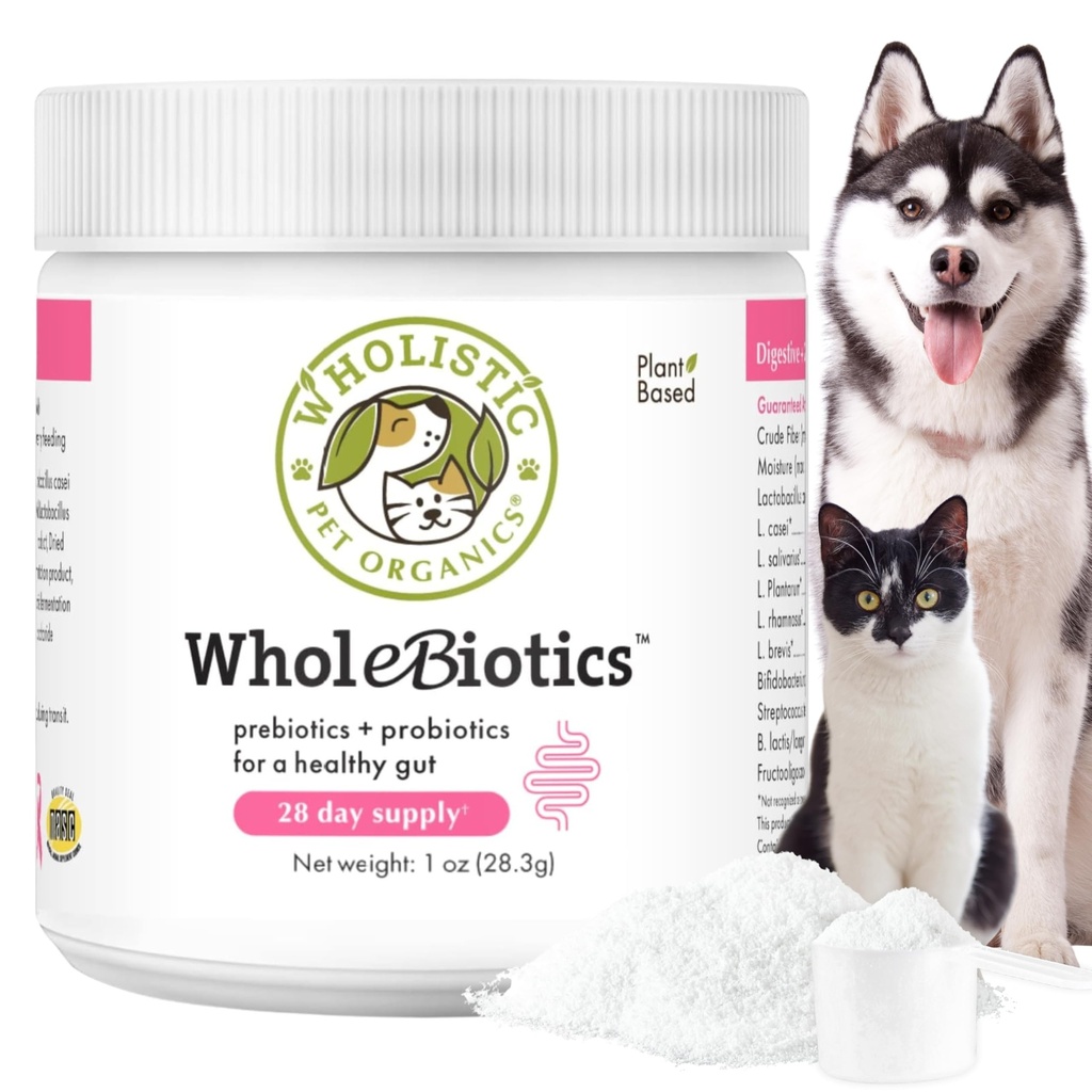 Wholistic Pet Organics Celobiotics - Denné psie probiotiká na podporu trávenia a imunitného boostu - 9 kmeňov - Prebiotiká a probiotiká pre psy a mačky - Gut Health pre psy - 1 Oz - 28 lopatiek