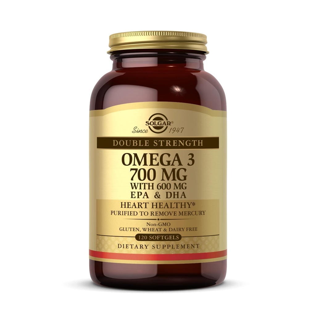 Solgar Double Strength Omega-3 700 mg, 120 Softgels - Fish Oil Supplement - Support for Cardiovaskulárne, Joint & Cellular Health - Contains EPA & DHA Omega 3 Mastné kyseliny - Gluten Free - 120 Servings