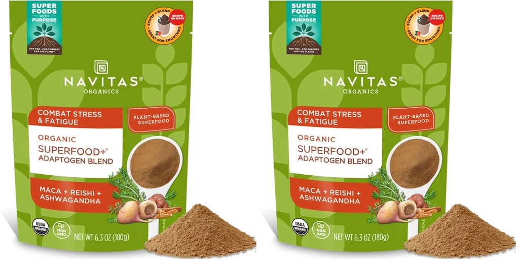 Navitas Organics Superfood+ Adaptogen Blend for Stress Support (Maca + Reishi + Ashwagandha),6.3oz Bag,30 Servings — Organic,Non-GMO,Vegan,Gluten-Free,Keto & Paleo.,(Pack of 2)