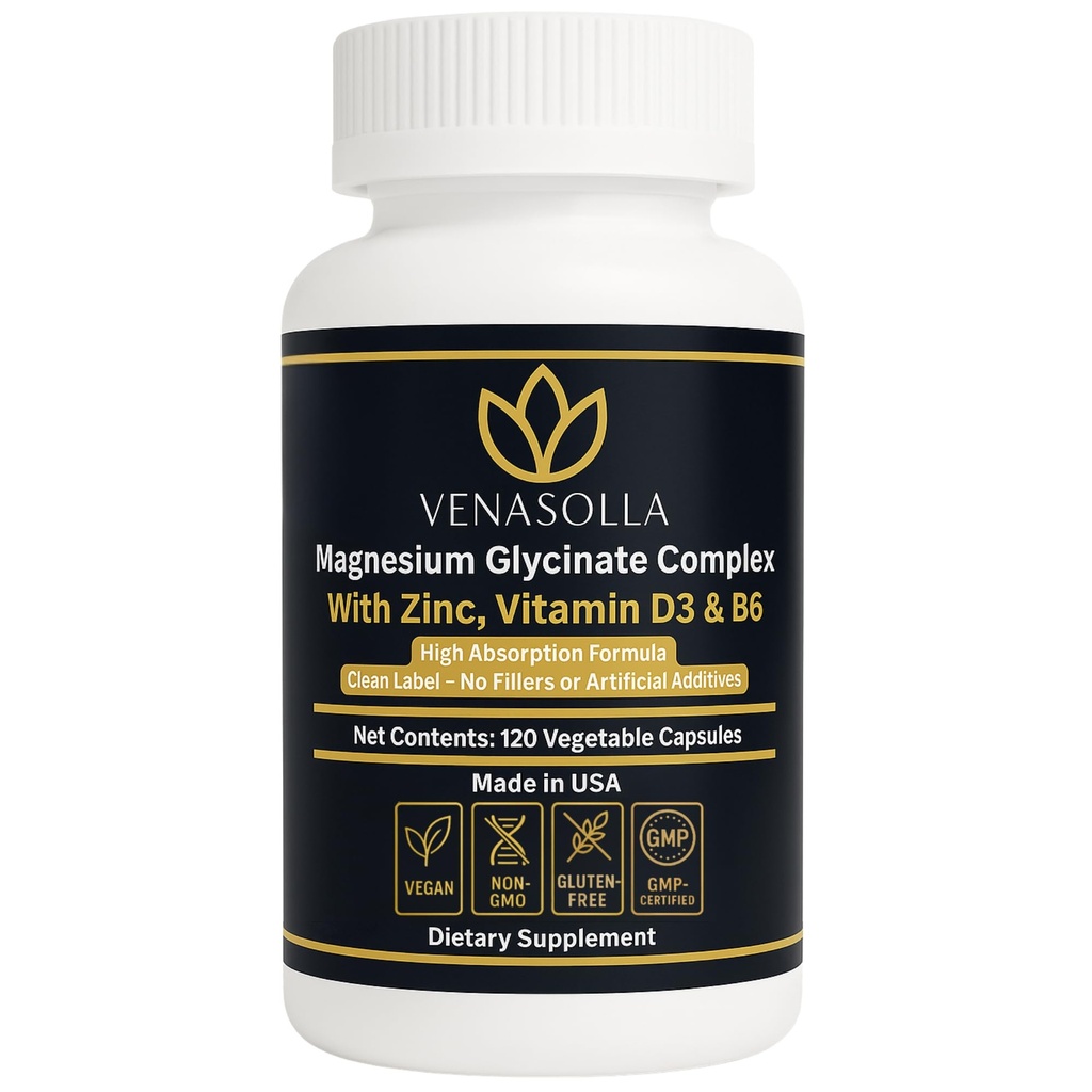 Magnesium Glycinate Complex 4-in-1 - Chelated Magnesium Bisglycinate (150 mg Elemental) with Zinc Picolinate, Vitamin D3 & B6-120 Vegan Capsules, Non-GMO - Men & Women