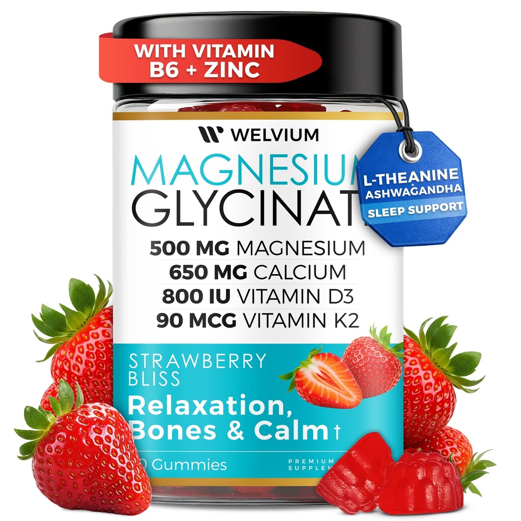 Magnesium Glycinate Gummies with Ashwagandha, L-Theanine - 500mg Magnesium Glycinate, D3, K2, B6, Calcium, Zinc, Potassium Supplement for Muscle, Immune and Bone Support, Chewable Magnesium