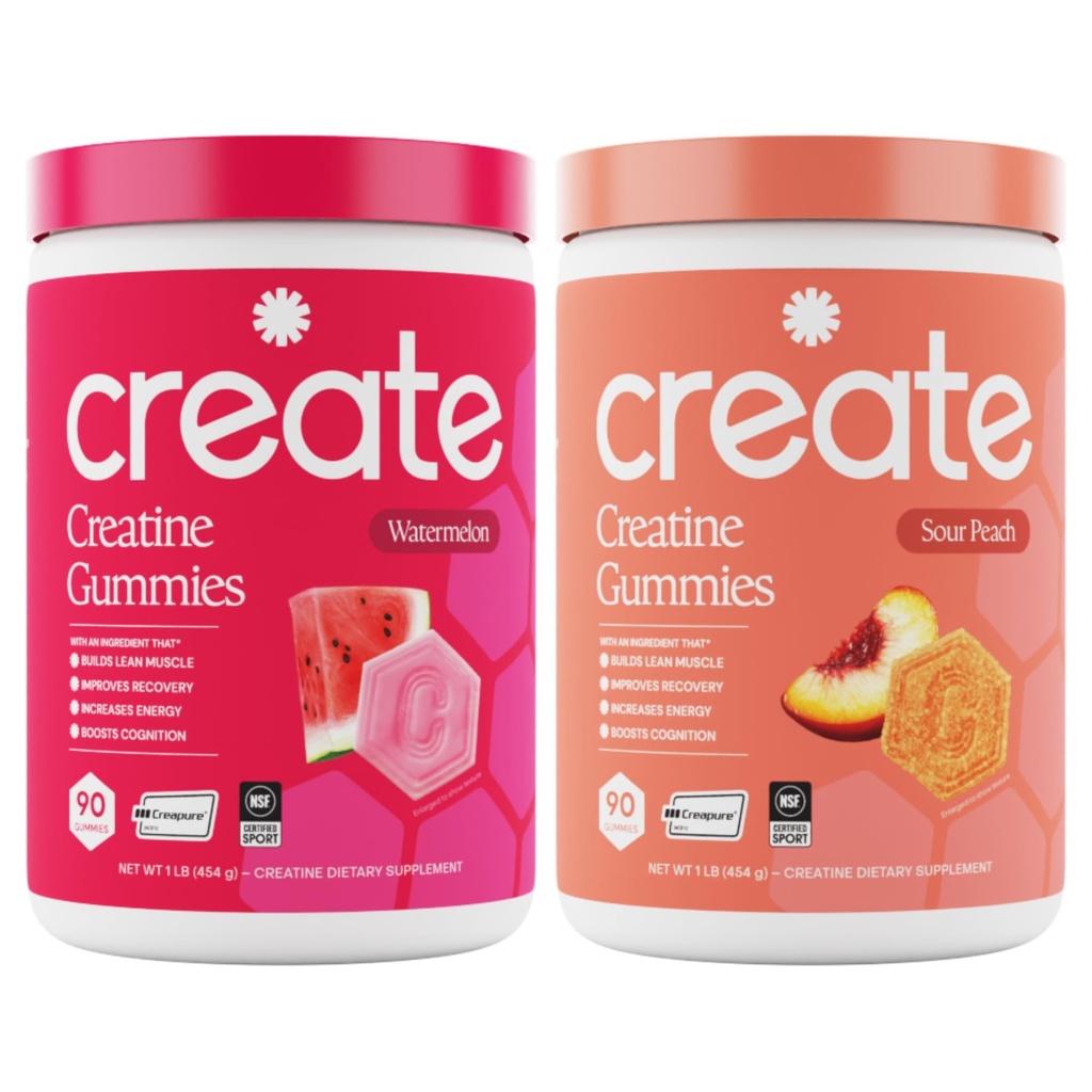 Create Creatine Monohydrate Gummies - Beach Day Duo - Kyslá broskyňová a vodová melón - Kreatínové Gummy pre ženy a mužov, NSF Certified, 3. Party tested, Anti-Melting Formula, 180 Počet (2-Pack)