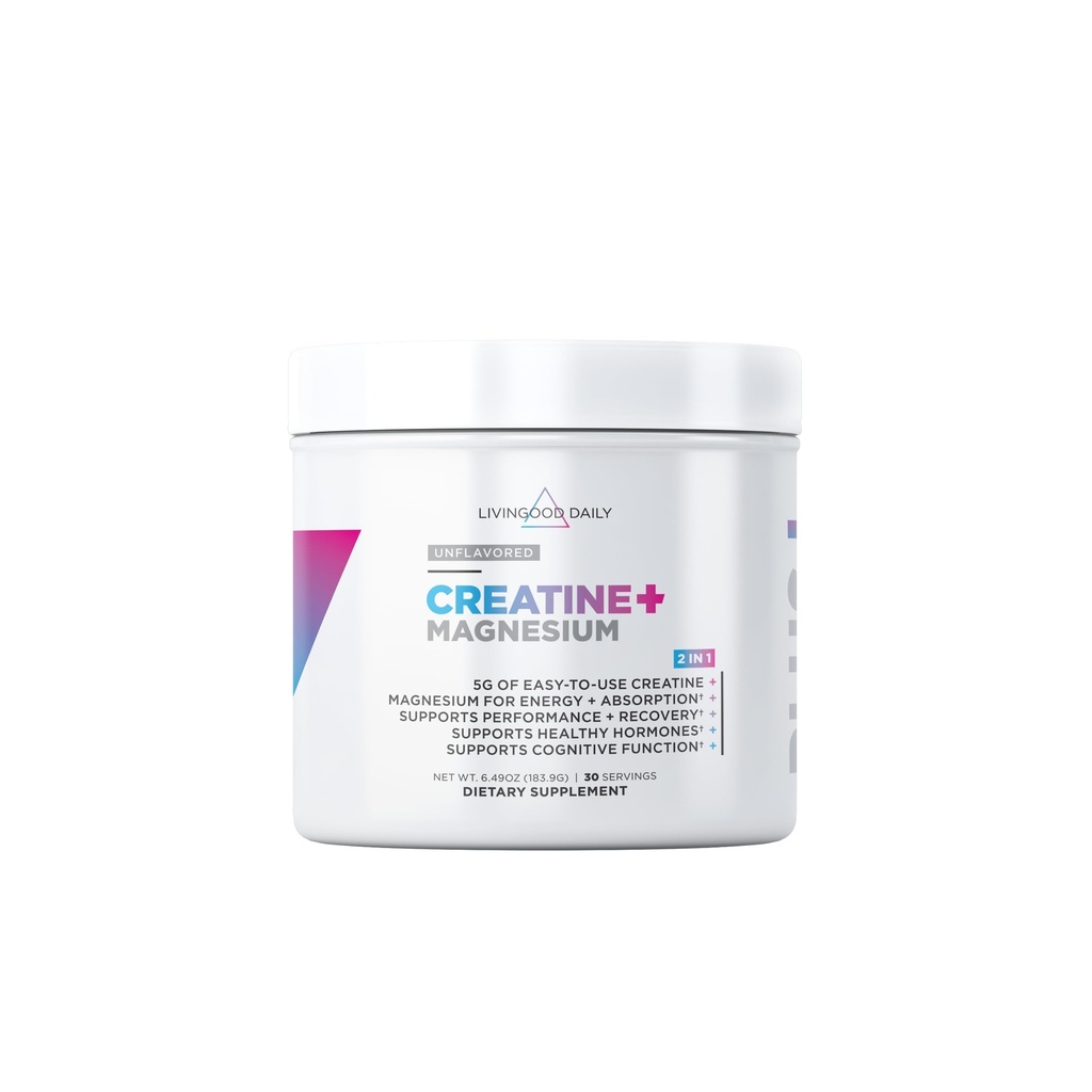 Livingood Daily Creatin + Magnézium Powder, unflaved 5g Mikronizovaný Kreatín Monohydrát s horčíkom pre energiu, Svalové zotavenie a výkon 30 porcií