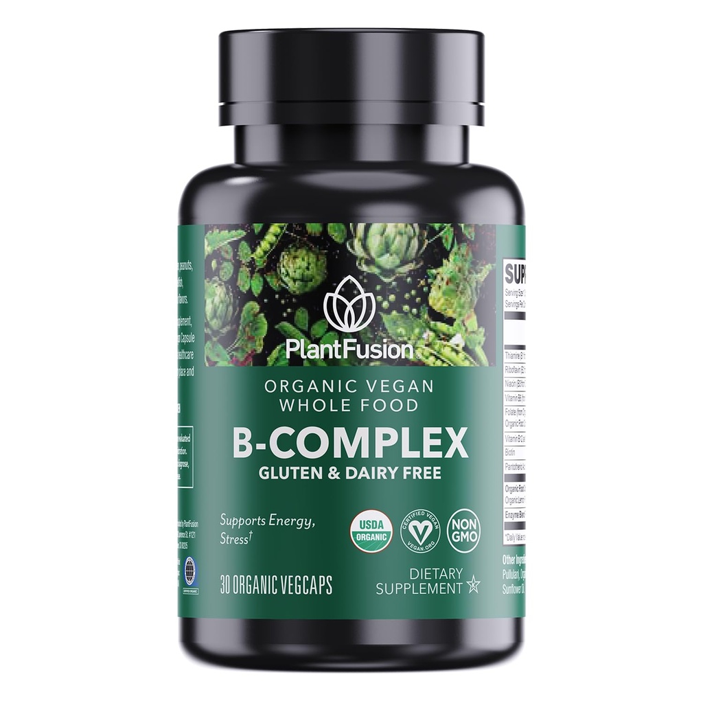 PlantFusion Organic Vitamin B-Complex, Vegan Whole Food Supplement for Energy & Metabolizmus, Metylated B12, Guava, Citrón & Basil, Non-GMO, Gluten-Free - 30 Kapsule
