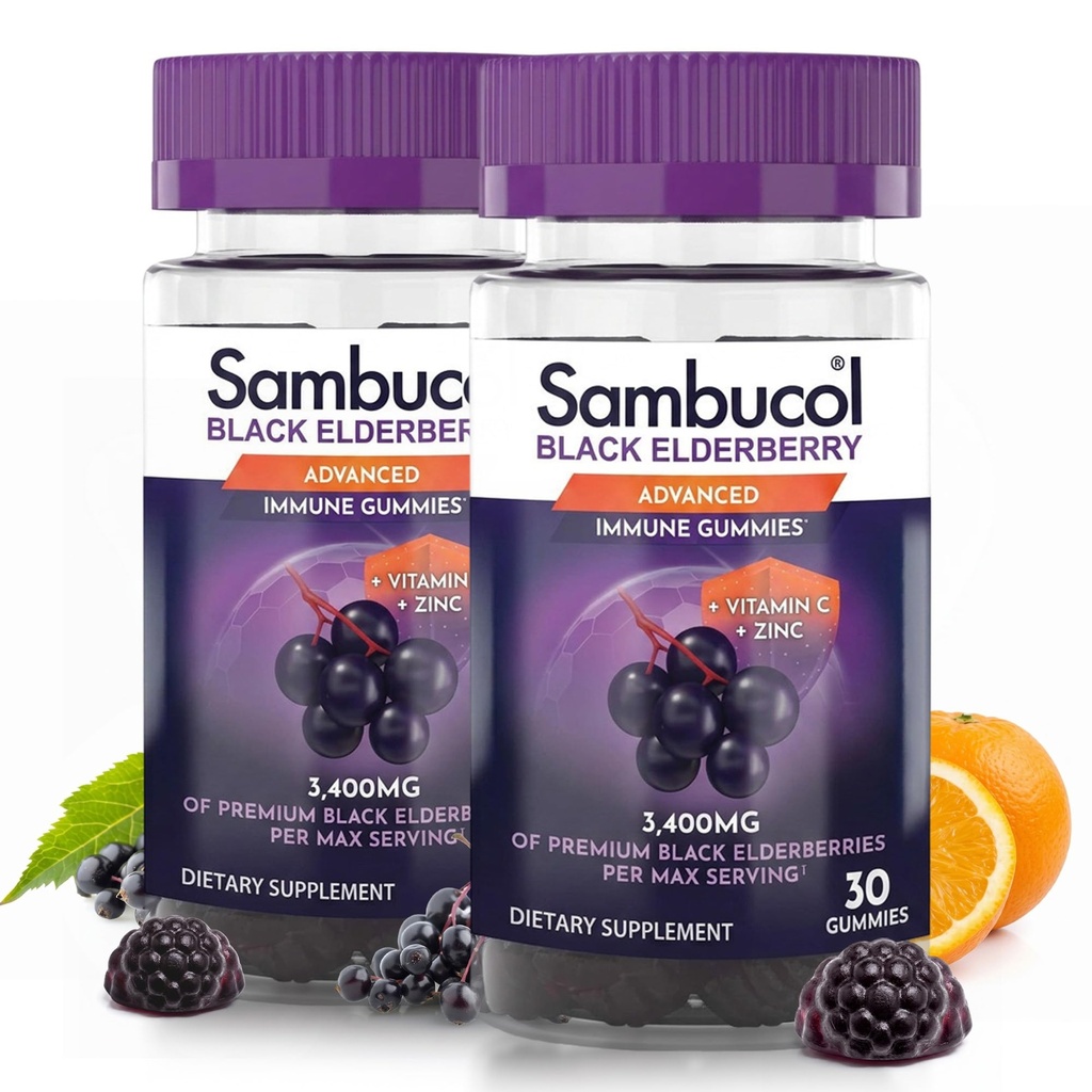 Sambucol Čierne bazové Gumičky s vitamínom C a zinkom - Sambucus bazové Gumičky pre imunitnú podporu, vysoké antioxidanty, bezlepkové, vegánske, bazové s obsahom zinku a vitamínu C - 30, 2 balenia