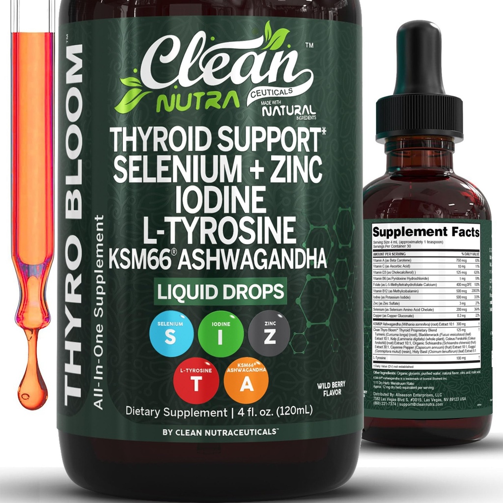 ThyroBloom Podpora štítnej žľazy pre ženy Liquid Drops Iodine L-Tyrosine Selenium Copper Ashwagandha Zinok Kelp Bladderwrack Schisandra Guggul Turmeric Vitamín A D3 B12 Folate Supplement by Clean Nutra 4oz