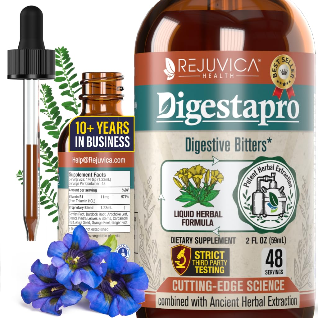 Rejuvica Health DigestaPro - Advanced Digestive bitters Supplement - Liquid Delivery for Better Absorbtion - Gentian, Artičok, Burdock, Chanca Piedra, Ginger & More!