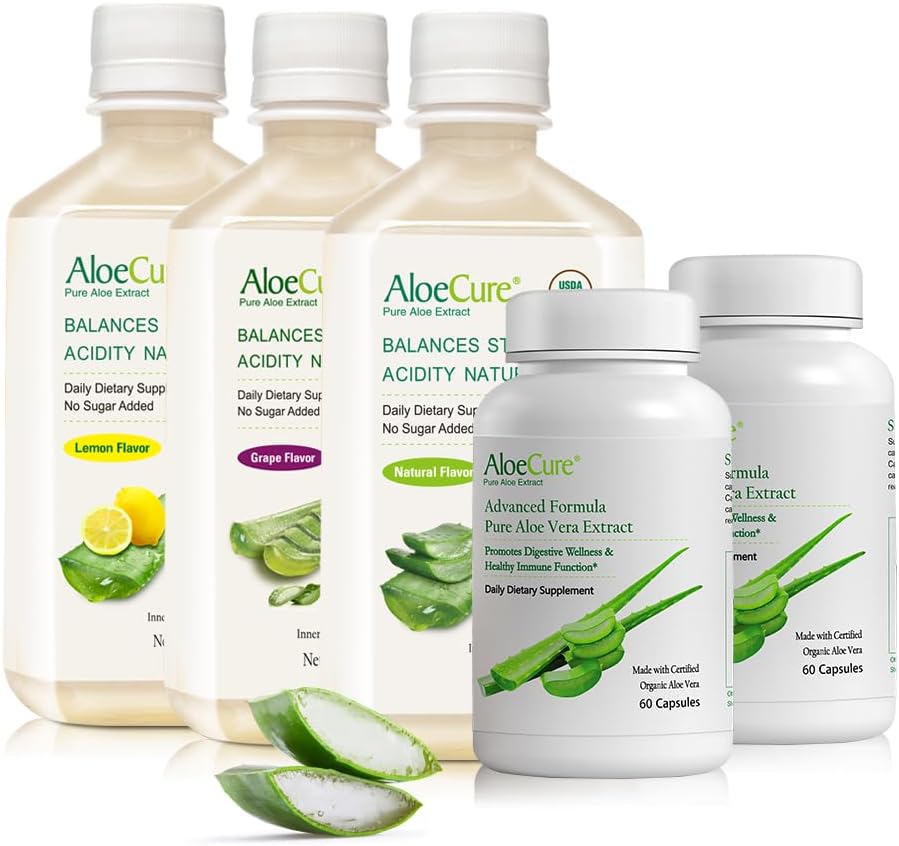 AloeCure Organic Aloe Vera Digestion Set - 5 Balenie - Hrozno, prírodné, citrónová aróma šťava, 2ksxAloe Vera Kapsule 60 caps