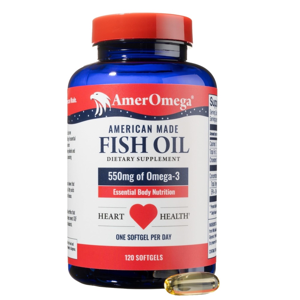 AmerOmega Triglycerid Omega-3 Rybí olej na podporu zdravia srdca - Wild-Caught Aljašský Walleye Pollock - American-Zdroj, American-Made - Non-GMO, Gluten-Free & Dairy-Free - 120 Softgels