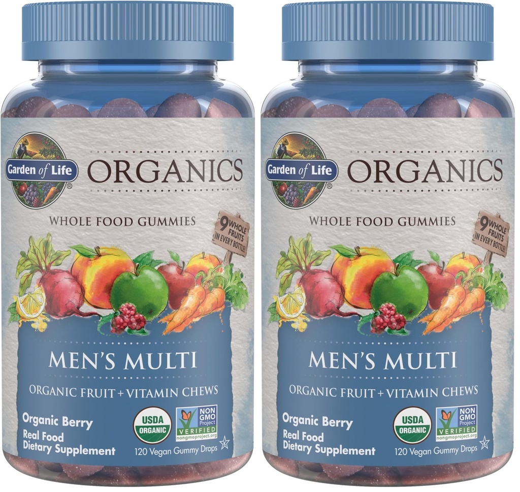 Garden of Life Organics Men's Gummy Vitamins - Berry - Certified Organic,Non-GMO,Vegan,Kosher Complete Multi - Methyl B12,C & D3 - Gluten,Soy & Dairy Free,120 Real Fruit Chew Gummies,(Pack of 2)