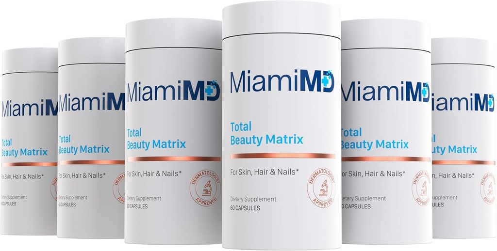 MiamiMD Total Beauty Matrix Collagen Doplnky pre ženy - Kolagén Kapsule s vitamínom C pre vlasy, kožu a nechty - bez krutosti - (60 kapsúl) - 6 balení