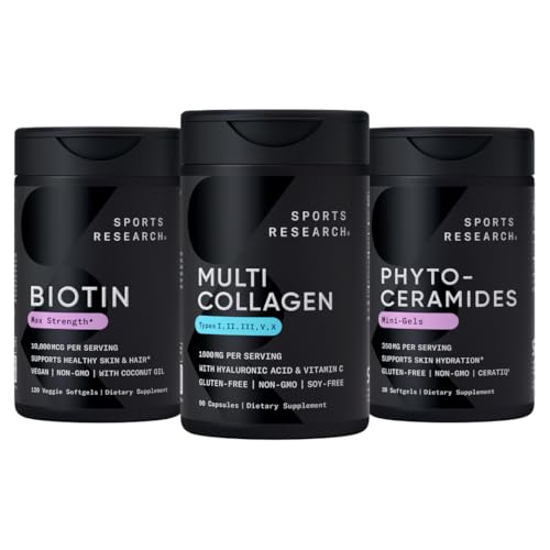 Športový výskum Vegan Biotin 10 000 mcg s kokosovým olejom, multikolagénové tabletky (typ I, II, III, V, X) Hydrolyzované kolagénové peptidy s kyselinou hyalurónovou + vitamín C a fytoceramidy 350 mg na softgel