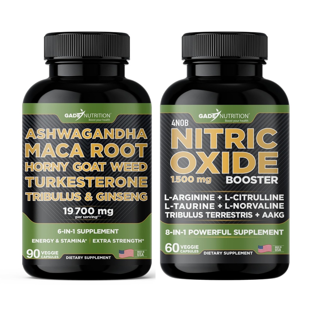 Gade Nutrition Ashwagandha s Maca Root, Horny Kozí burina, Turkesterone, Tribulus Terrestris, Panax Ginseng + Oxid dusnatý Booster - Bundle pre energiu, Vitality, Výkon, Čerpadlo