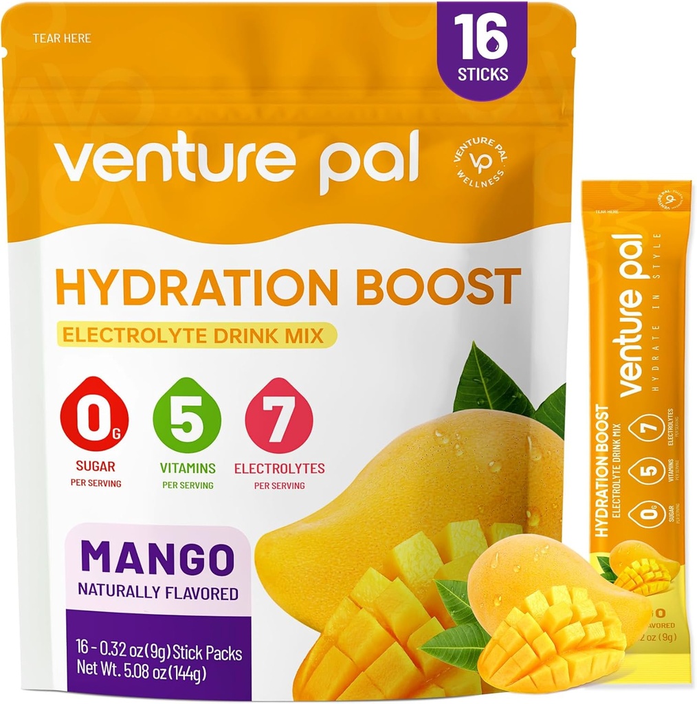 Venture Pal Sugar Free Electrolyte Powder Packets - Liquid Daily IV Hydration Packets | Electrolytes Drink Mix with 5 Vitamins & 7 Electrolytes | Keto Friendly | Non-GMO | Certified Vegan | 16 Sticks