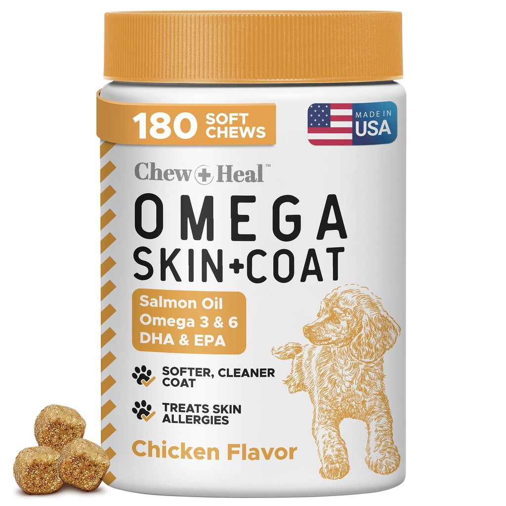 Lososový olej pre psy - 180 Soft Chew Omega Treats for Skin and Coat - Rybí olej zmes esenciálnych mastných kyselín, Omega 3 a 6, Vitamíny, Antioxidanty a minerály - Vyrobené v USA