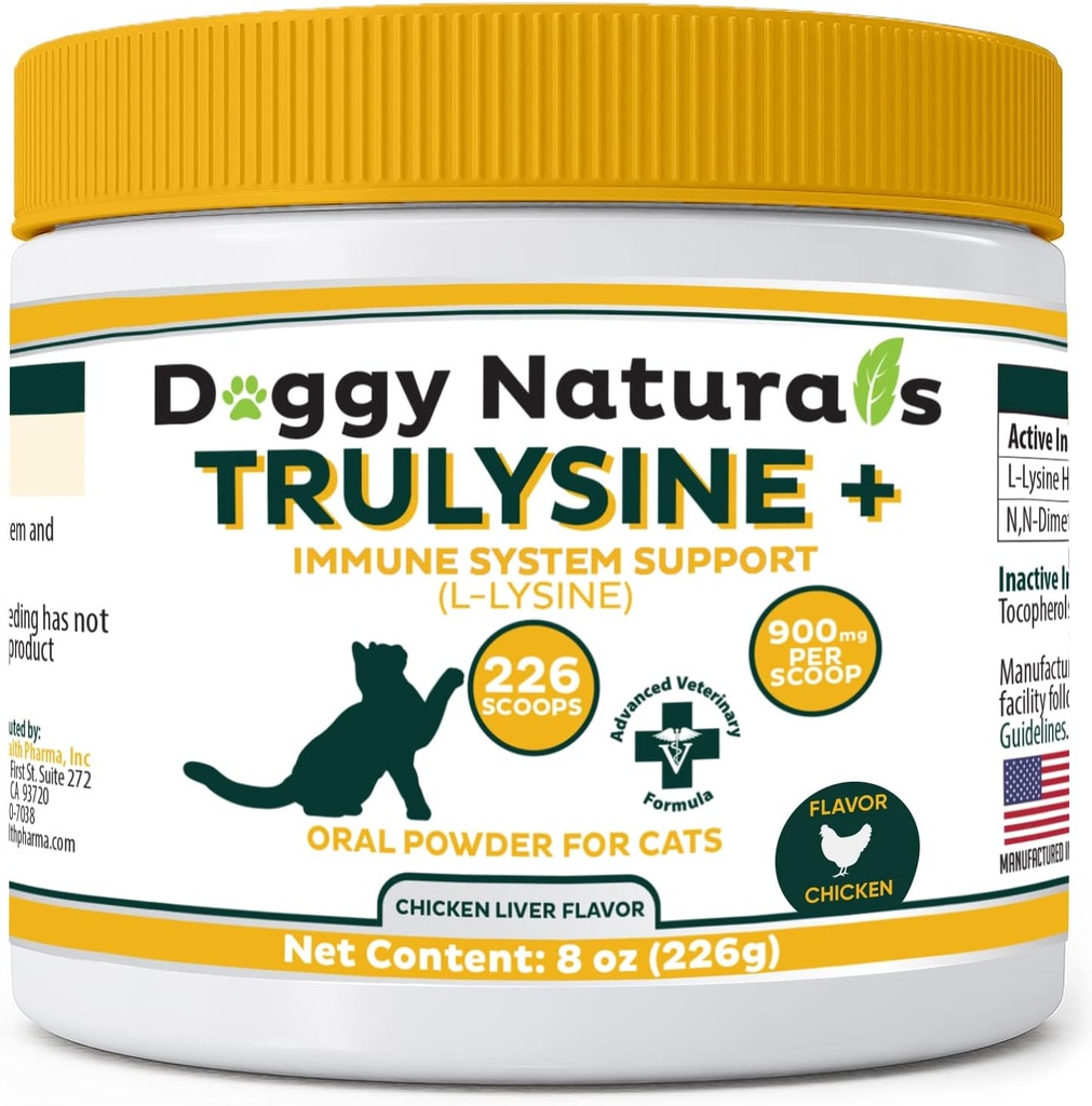 Trulysin Plus L-lyzín pre mačky Imunitná podpora Perorálny prášok 8oz/226g - mačky a mačky všetkých vekových skupín, dýchavičnosť, šikmonosné šikmonosné, vodnaté oči kuracie pečeňové flavor (U.S.A) [226 Grams (900mg / Scoop) ]
