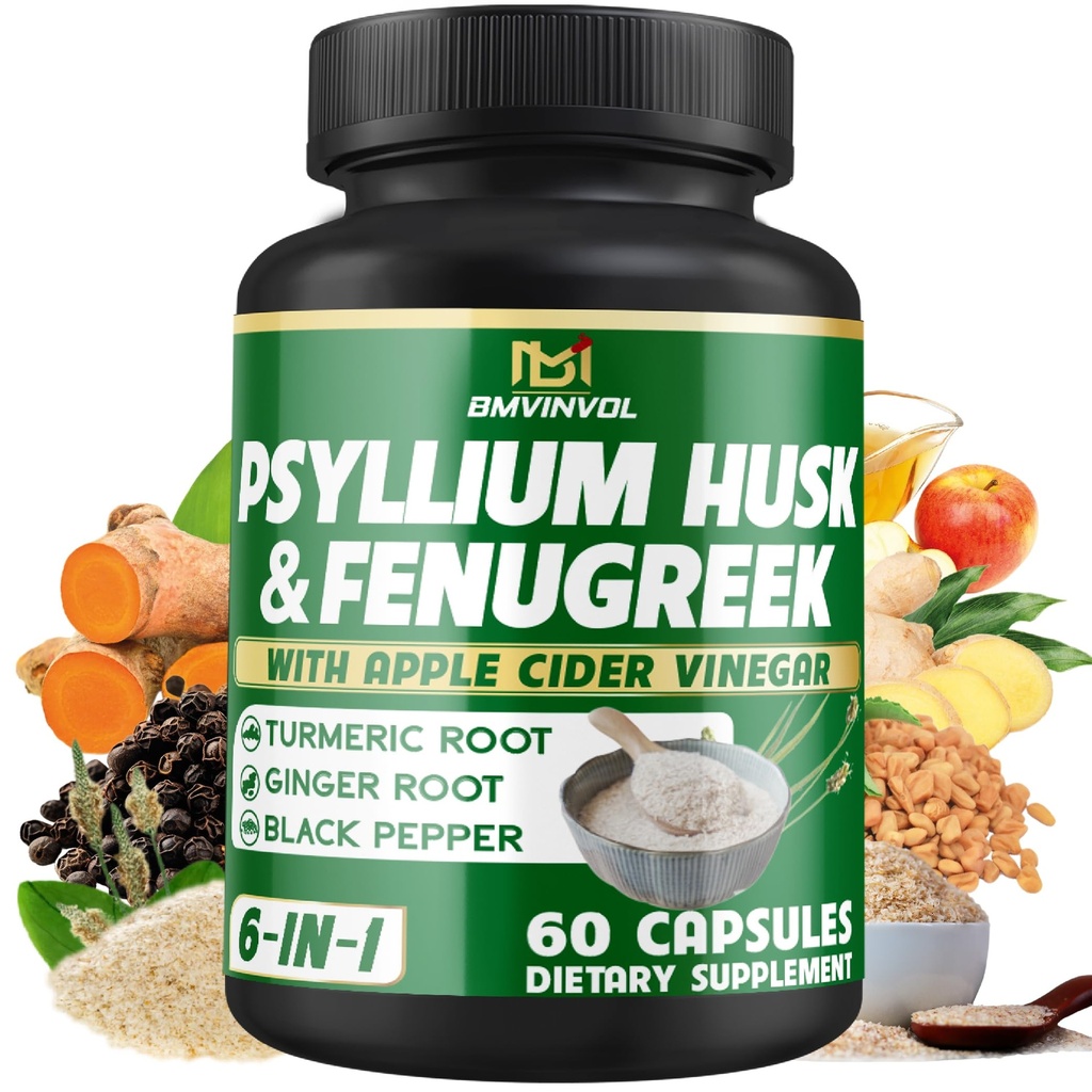 BMVINVOL Psyllium Husk Fiber Supplement t with Fenugreek, Apple Cider Vinegar, Turmerica, Ginger, Black Pepper- Tráviaca Zdravotná podpora - 60 Kapsule