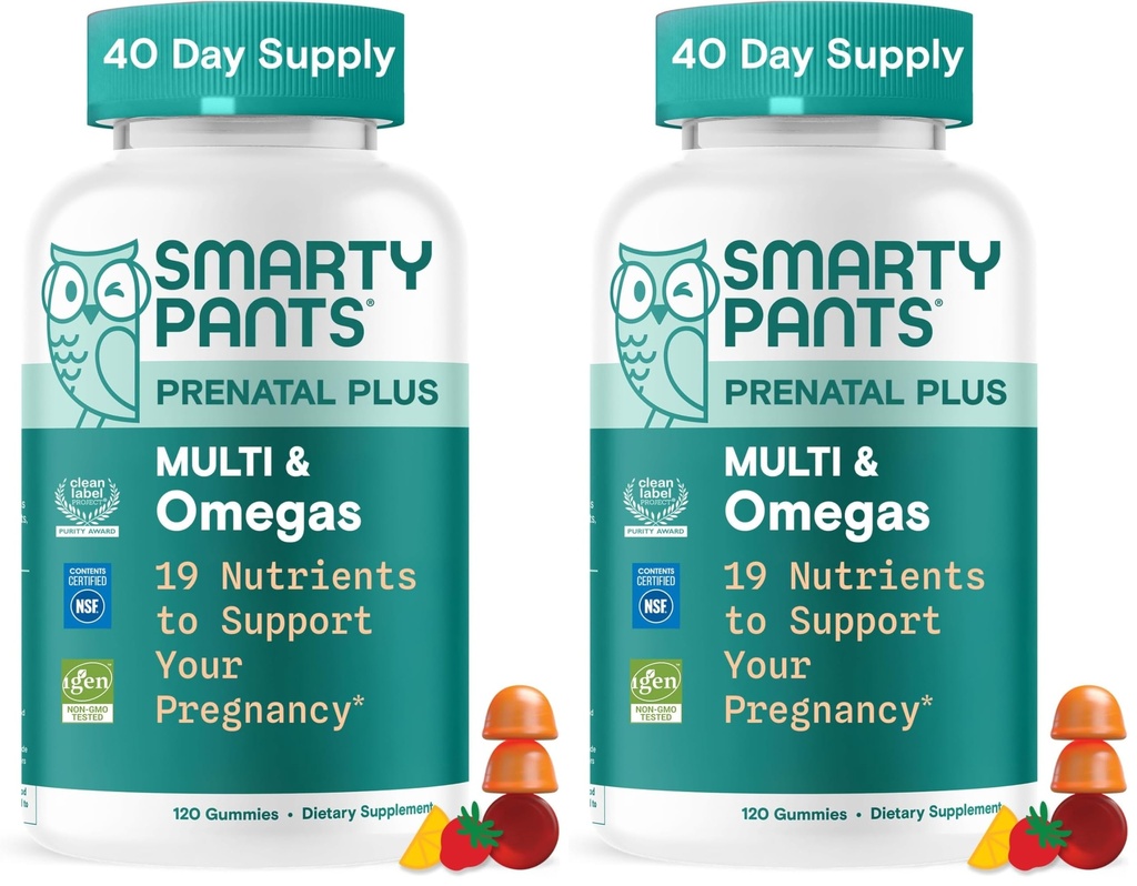 SmartyPants prenatálne multivitamínové Gummy, Omega 3 (DHA/EPA), metylfolát, biotín, vitamín D3, C, vitamín B12, B6, A, K & Zinok, bez lepidla, 120 počet (40 dní) (dávka 2)