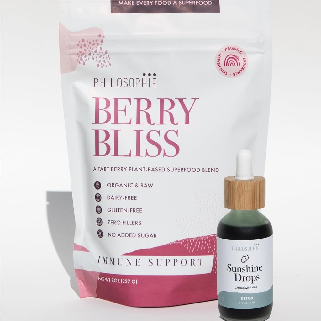 Filozofia Sunshine Drops & Berry Bliss Bundle - Tekutý chlorofyl a superfood prášok zmes - všetky prírodné rastliny na báze 2pack
