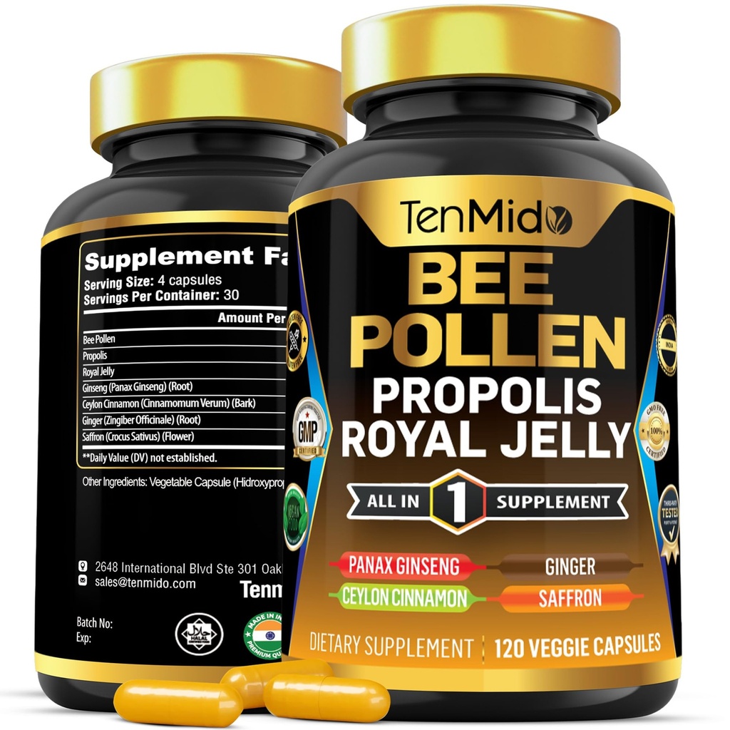 Včelí peľ Kapsule doplnok - 7in1 Formula - Kombinácia s Propolis, Royal Jelly, Panax Ginseng, Ceylon škorica, Ginger, a Saffron - Tráviace zdravie, Imunitná podpora - 120 Kapsule