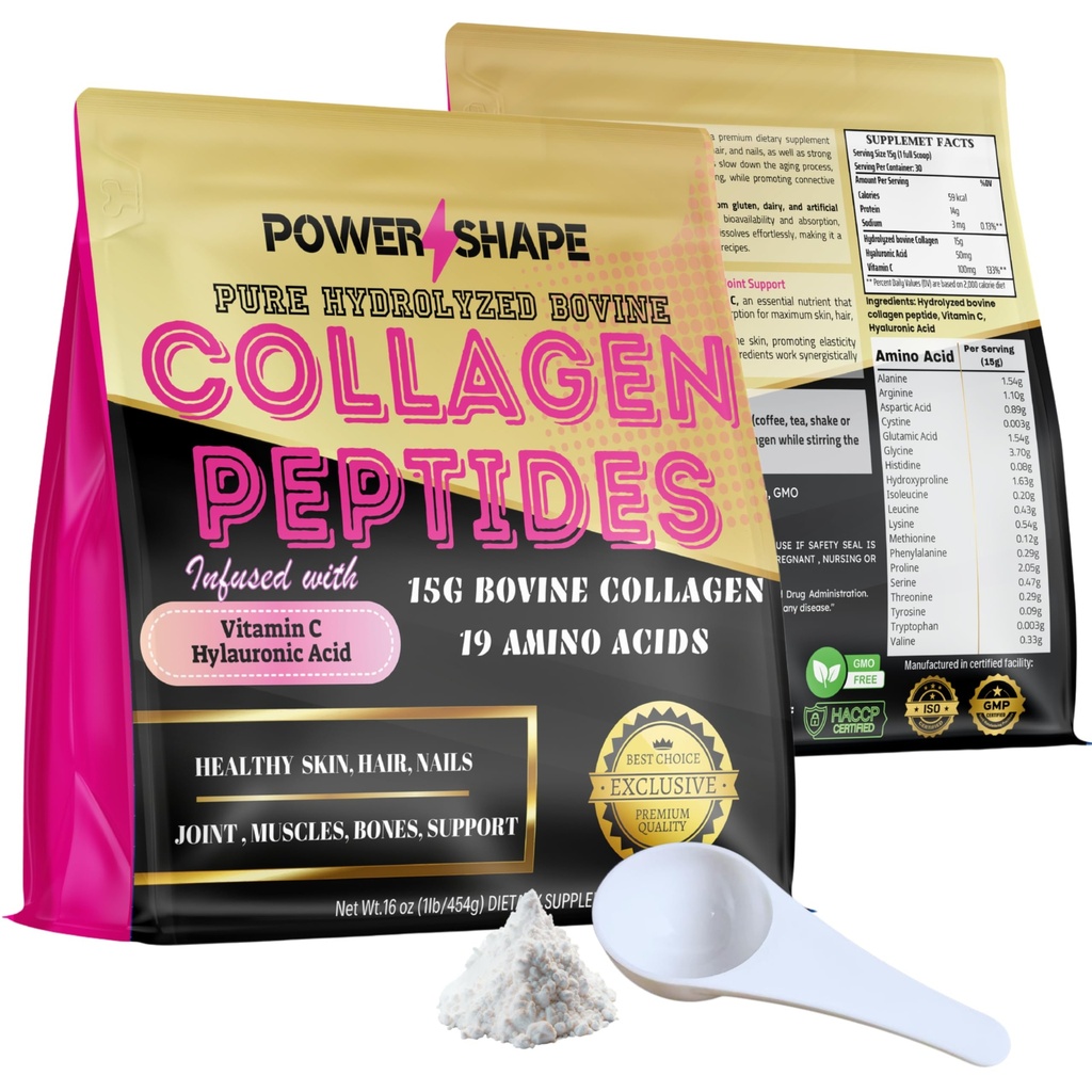 Collagen Peptides 1lb –100% Hydrolyzed Bovine Collagen – Non-GMO, 15g per Serving – Supports Skin, Hair, Joints – New Formula with Vitamin C & Hyaluronic Acid, Unflavored, 16oz