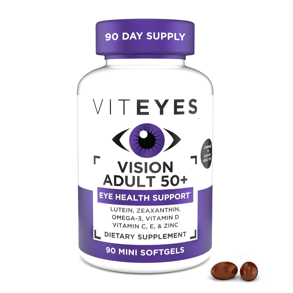 Vision for Ages 50 Plus for Eye Health, Vision Support, Aging Eyes, Lutein, Zeaxantin, Omega-3, Zinok, Vitamín C, Vitamíny D, Vitamíny E, Očný lekár Dôveryhodný, Vyrobené v USA, 90 Ct