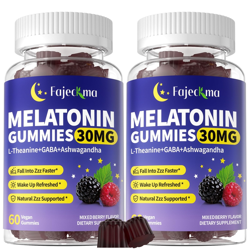 30mg Melatonin Gummies Supplement: Extra Strength Plus Magnesium Ashwagandha L-Theanine Chamomile Valerian GABA Vitamins B6 B12 D3 for Natural Zzz - Sugar Free for Nighttime Adults(120Count)