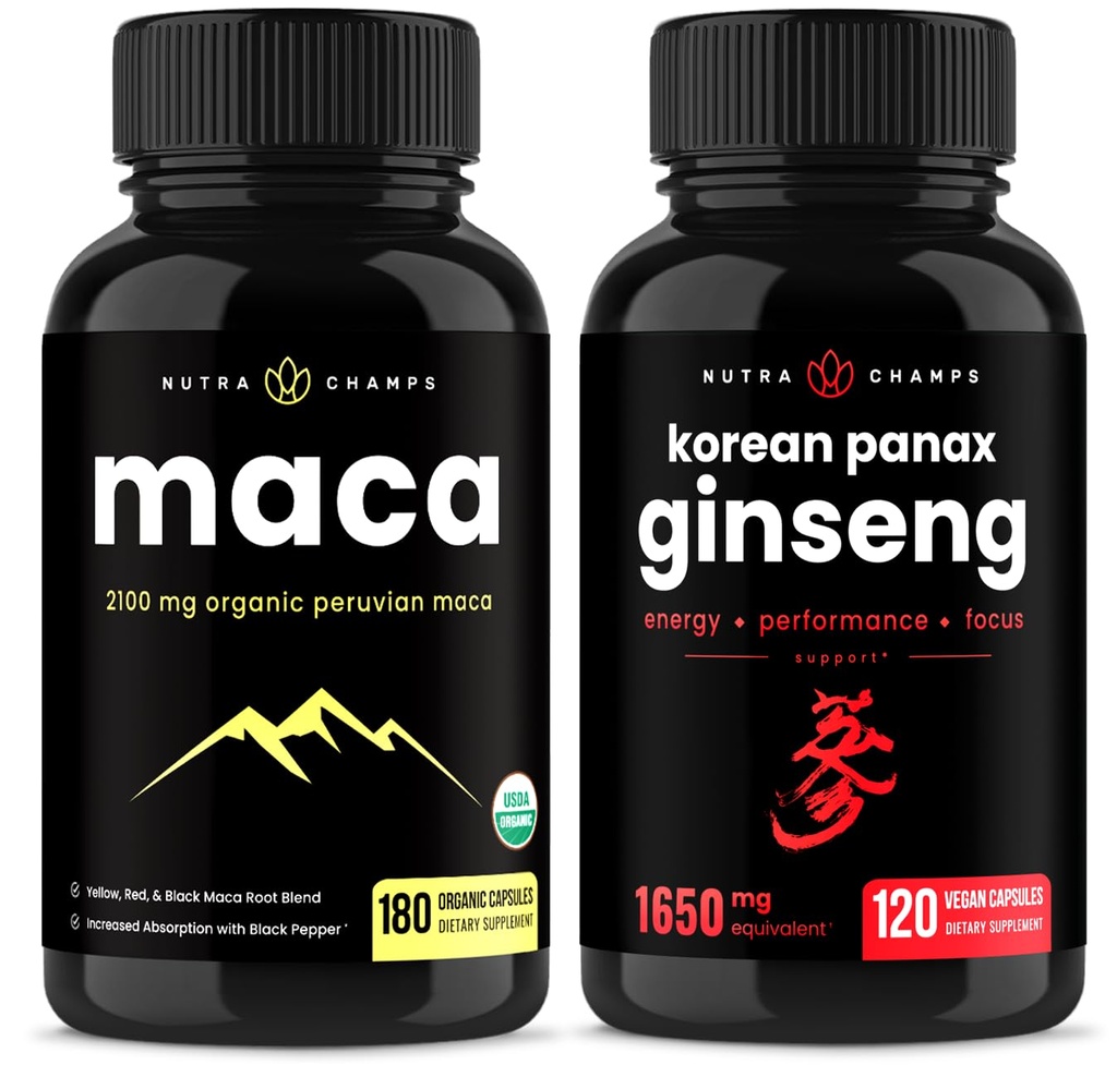 NutraChamps Maca Root Kapsule a kórejský ženšen Kapsule 2 Balenie Bundle