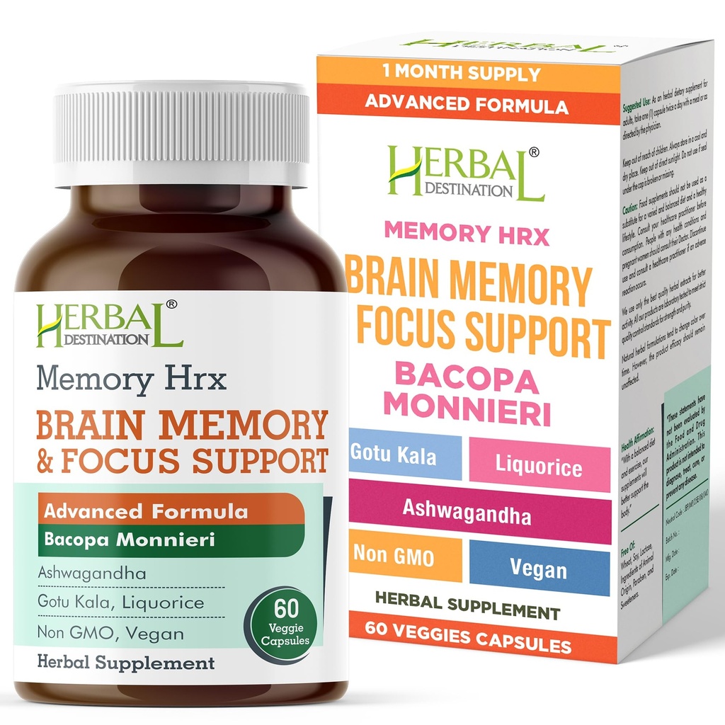 Memory Hrx - Brain Supplement Support Cognitive Function Improves Memory and Focus, Brain Vitamins and Cognitive Supplement, Gluten Free Dairy Free - 60 Vegetarian Capsules
