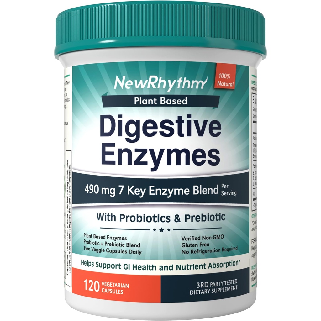 NewRhythm Digestívne enzýmy 490 mg, s probiotikami a prebiotikami na báze rastlín, 7 kľúčových enzýmov, trávenie, absorpcia živín, amyláza a lipáza proteázy, 120 vegánskych kapsúl