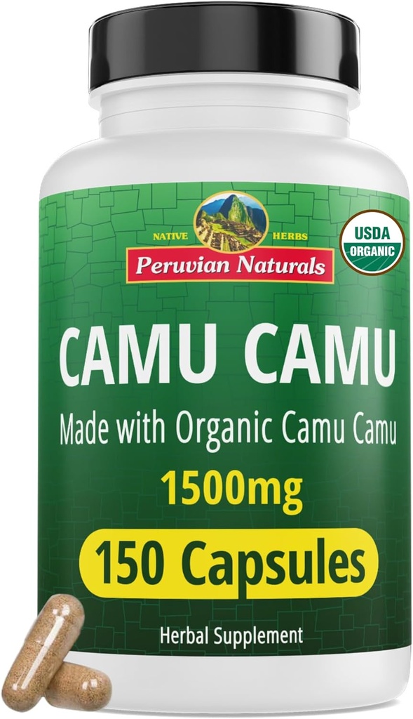 Peruánska Naturals Organic Vitamin C from Camu Camu Kapsule 1,500mg - 150 Vegan Pills, Natural Vitamin C from Whole Food Camu Berry Organic, Non-GMO