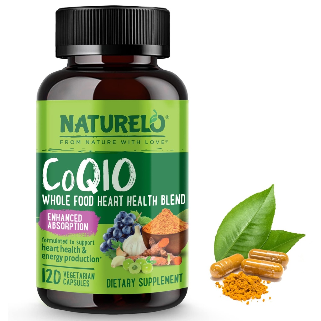 NATURELO celých potravín CoQ10 Supplement, 120 Veg Kapsule, Heart Health Blend, Výkonný Antioxidant, CoQ10 100mg podporuje výrobu energie