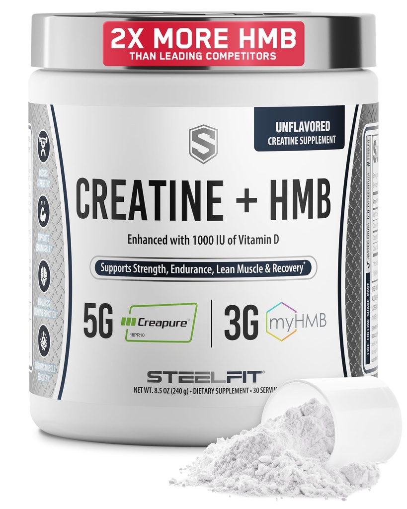 Oceľová fit Creatin HMB Powder - 5g Creapure Creatin Monohydrate Powder, 3g myHMB & 1000 IU Vitamín D - Cvičenie Doplnok podporuje rast svalov, silu, zotavenie a energiu - Nechutí, 30 Servisov