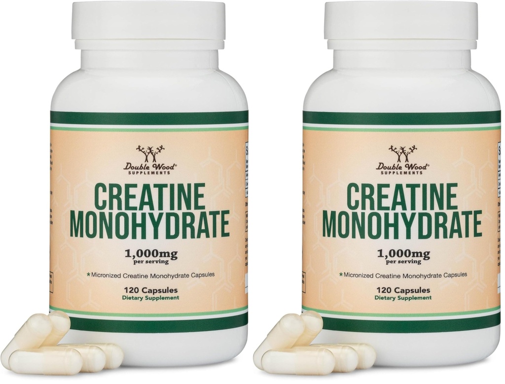 Kreatinové monohydráty Kapsule - 1g na obsluhu, 120 grófov - žiadne výplne, Vegan Safe, non-GMO, lepidlo zadarmo dvojitým drevom (Pack of 2)