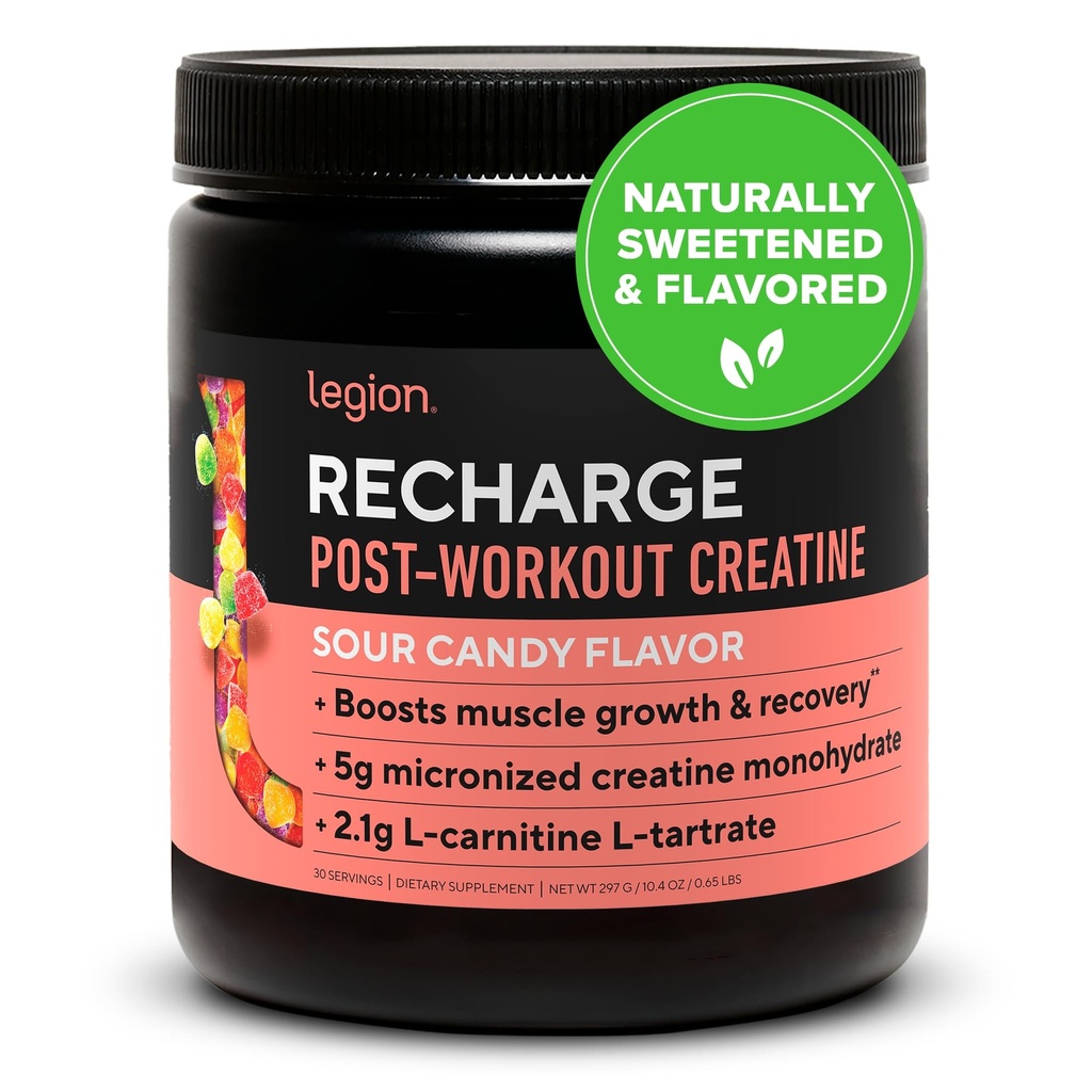 LEGION Recharge Post Workout Drink - Micronized Creatine Monohydrate Natural Post Workout Recovery Drink - Muscle Builder & Recovery Booster Post Workout Supplements (Sour Candy, 30 Servings)