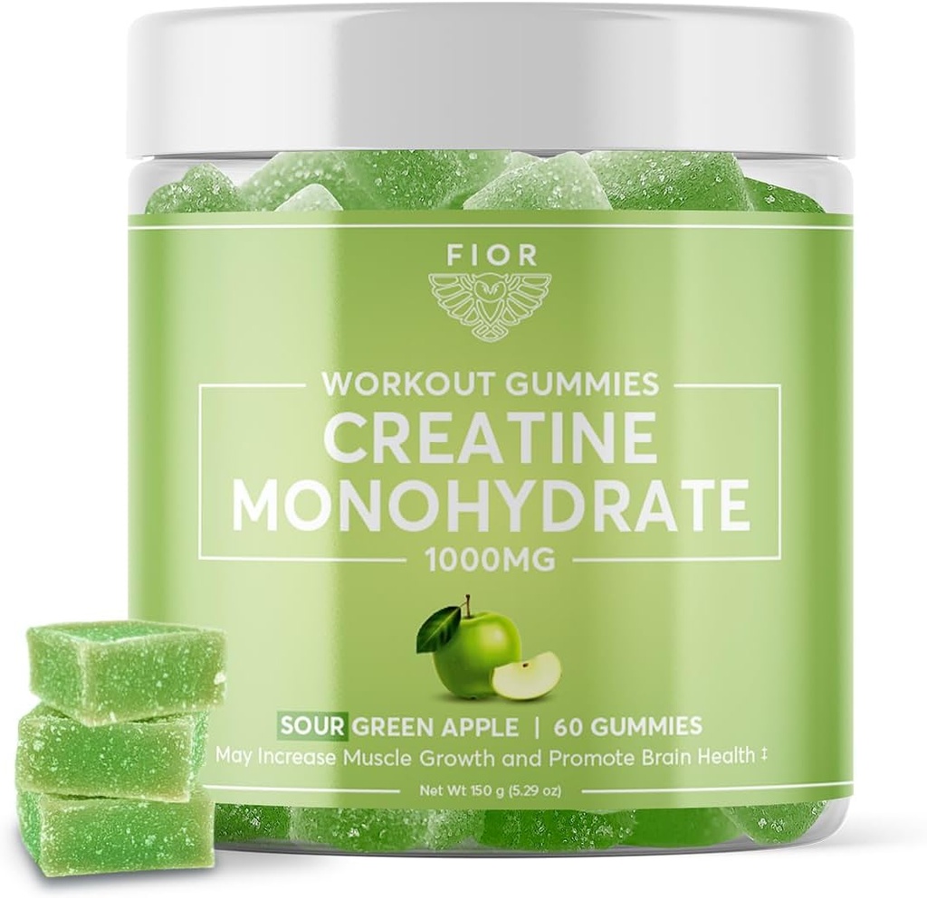 FIOR Creatin Gummy - Najlepšie Kreatín Monohydrát Žuvateľný, 60 Počet, Cvičenie & Doplnok bielkovín, kognitívne vylepšenia, Kyslé zelené jablko chuť, 30 Serviv