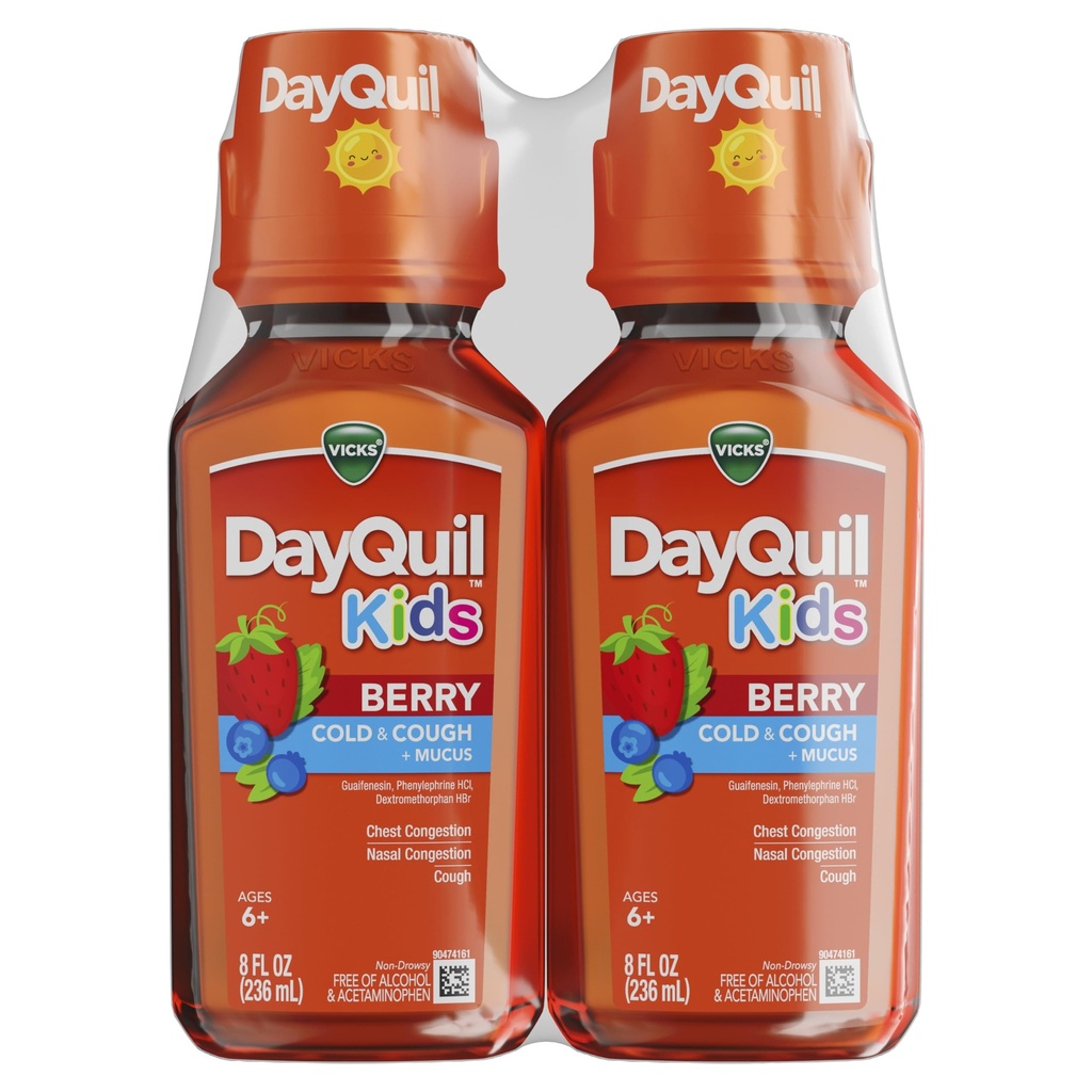 Vicks Kids DayQuil Berry Cold & Cough Medicine Co-Pack, Daytime Relief of Multiple Symptoms, Great-Tasting Berry Flavor, Bez alkoholu & Acetaminophen, Pre vek 6+, 2x8oz